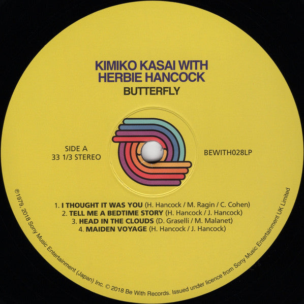 Etiqueta del lado A del vinilo Kimiko Kasai With Herbie Hancock – Butterfly, con créditos completos y catálogo BEWITH028LP.