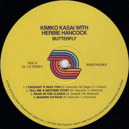 Etiqueta del lado A del vinilo Kimiko Kasai With Herbie Hancock – Butterfly, con créditos completos y catálogo BEWITH028LP.