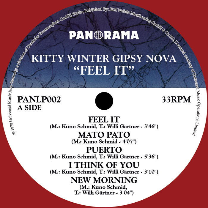 Etiqueta del lado A del vinilo Feel It. Contiene cinco temas con créditos visibles en diseño clásico Panorama.