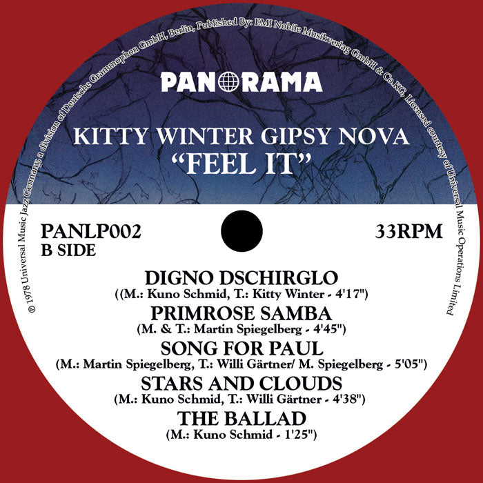 Etiqueta del lado B del vinilo Feel It. Incluye títulos, duración y autores de seis pistas del LP.