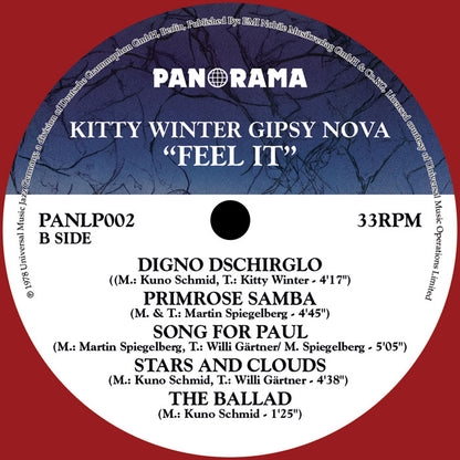 Etiqueta del lado B del vinilo Feel It. Incluye títulos, duración y autores de seis pistas del LP.