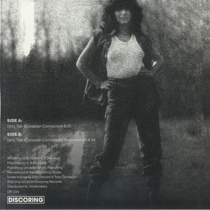 Portada trasera del vinilo "Klein & M.B.O. - Dirty Talk" (Discoring Records, 12" blanco). Incluye lista de canciones, créditos y detalles del sello.