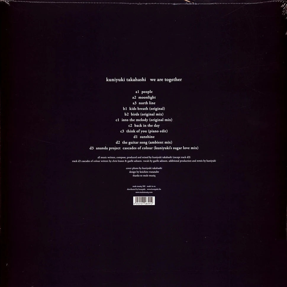Contraportada del vinilo Kuniyuki Takahashi – We Are Together editado por Mule Musiq, mostrando listado completo de pistas del 2xLP.