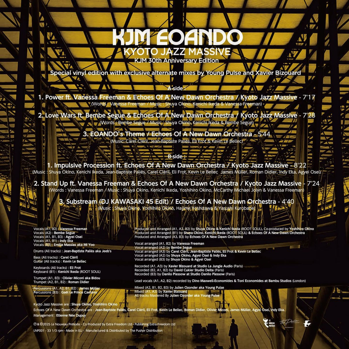 Contraportada del vinilo Kyoto Jazz Massive – KJM EOANDO (KJM 30th Anniversary Edition), tracklist y créditos.
