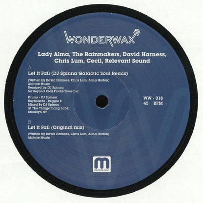 Etiqueta central del vinilo Lady Alma & The Rainmakers – Let It Fall en Wonderwax, 12" reimpresión, con créditos, catálogo WW-017 y remixes de DJ Spinna.