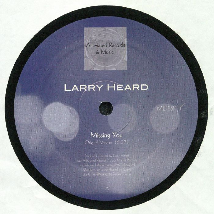 Portada delantera del vinilo "Missing You" de Larry Heard, lanzado por Alleviated Records. El vinilo de 12" incluye la versión original (6:37).