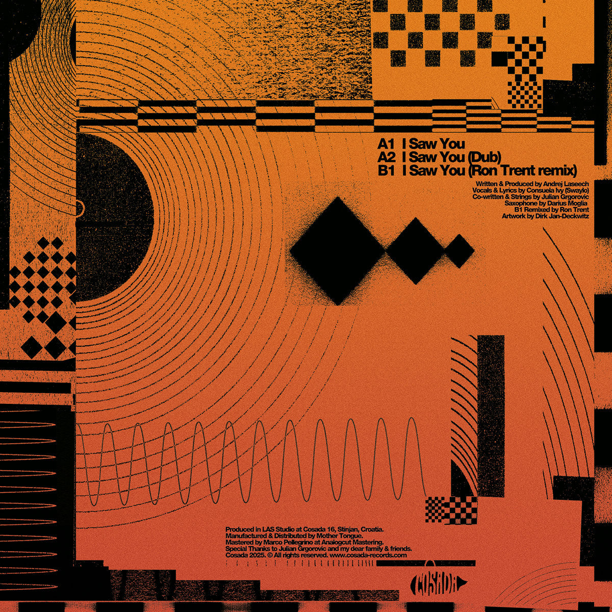 Contraportada del vinilo Laseech Feat. Swaylo – I Saw You con listado de pistas, créditos y arte geométrico de Cosada.
