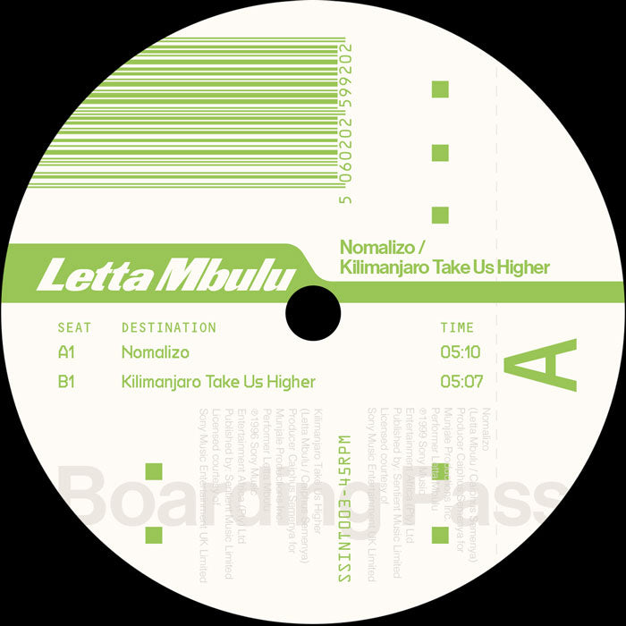 Etiqueta central del lado A del vinilo Letta Mbulu – Nomalizo / Kilimanjaro Take Us Higher (12") con créditos visibles, duración de temas y diseño tipo boarding pass en verde y blanco.