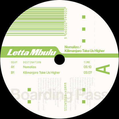 Etiqueta central del lado A del vinilo Letta Mbulu – Nomalizo / Kilimanjaro Take Us Higher (12") con créditos visibles, duración de temas y diseño tipo boarding pass en verde y blanco.