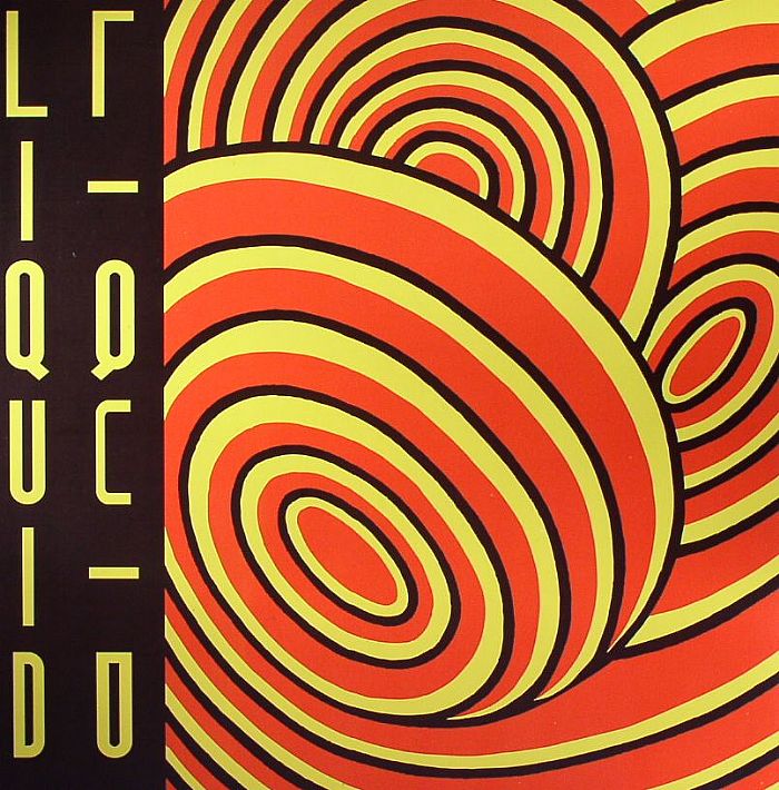 Portada del vinilo Liquid Liquid - Optimo de 99 Records, formato 12". Diseño vibrante con patrones hipnóticos en rojo, amarillo y negro. Texto impreso: "LIQUID LIQUID" alineado verticalmente en el costado izquierdo.