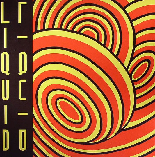 Portada del vinilo Liquid Liquid - Optimo de 99 Records, formato 12". Diseño vibrante con patrones hipnóticos en rojo, amarillo y negro. Texto impreso: "LIQUID LIQUID" alineado verticalmente en el costado izquierdo.