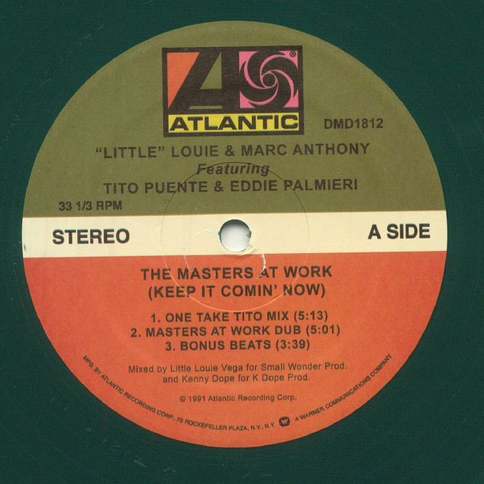 Portada delantera del vinilo 12" verde de Little Louie & Marc Anthony, lanzado por Atlantic. Lado A con mezclas de Tito y Masters at Work.