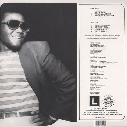 Portada trasera del vinilo "Friday Night" de Livy Ekemezie, editado por Odion Livingstone. Incluye la lista de canciones, créditos de producción y detalles del LP.