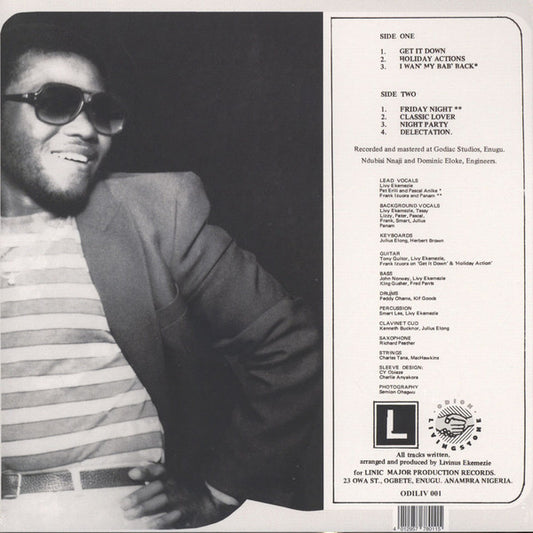 Portada trasera del vinilo "Friday Night" de Livy Ekemezie, editado por Odion Livingstone. Incluye la lista de canciones, créditos de producción y detalles del LP.
