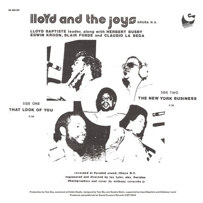 Contraportada del vinilo Lloyd And The Joys – That Look Of You / The New York Business, lanzado por Sound Essence en formato 7". Incluye créditos, lista de canciones y fotos en blanco y negro.
