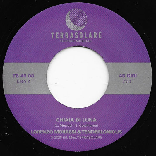 Lado B del vinilo Lorenzo Morresi & Tenderlonious – Scoglio Rosso / Chiaia di Luna, etiqueta central Terrasolare con tema Chiaia di Luna, formato 7", 45 RPM y detalles de catálogo.