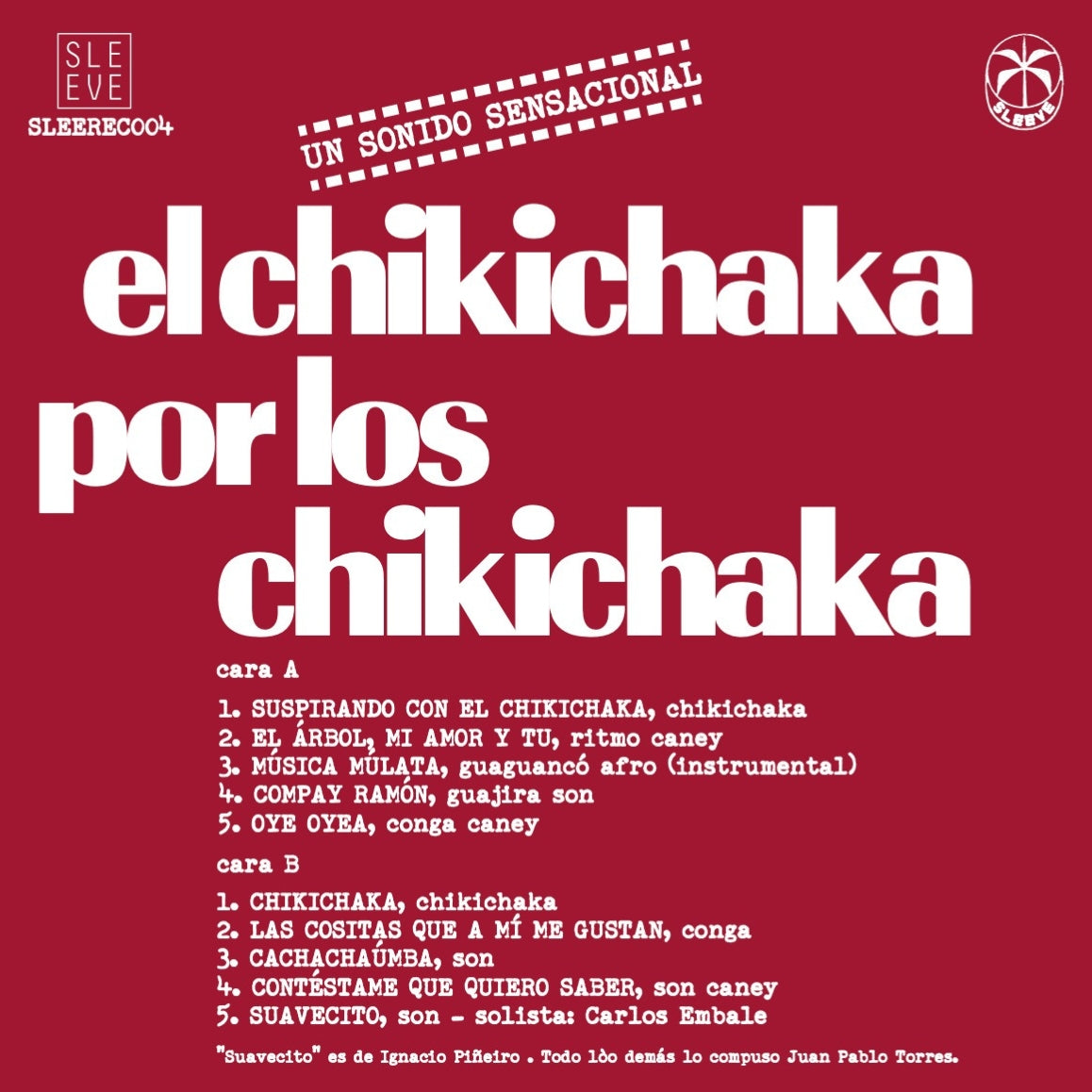 Contraportada del vinilo Los Chikichaka – El Chikichaka con créditos, pistas y diseño retro del sello Sleeve Recordings.
