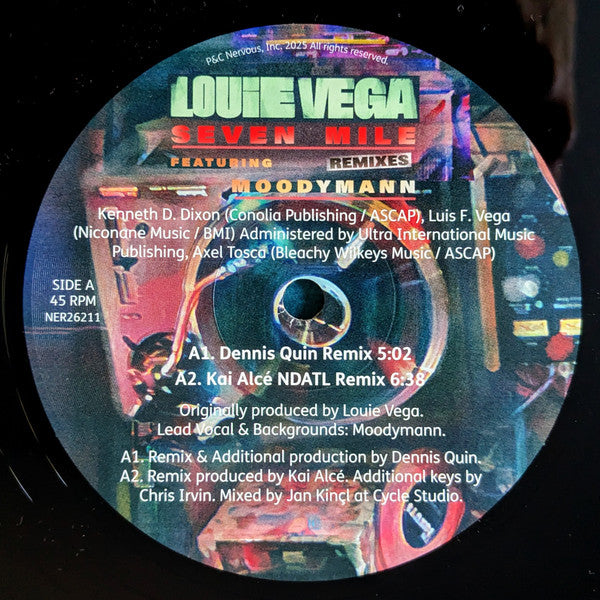 Etiqueta central del lado A del vinilo Louie Vega Feat. Moodymann – Seven Mile (Remixes) con los remixes de Dennis Quin y Kai Alcé.