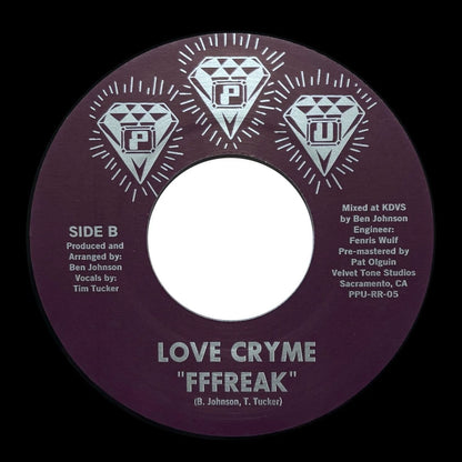 Etiqueta del lado B del vinilo Love Cryme – Get It On, muestra título “FFFREAK” junto a créditos y arte gráfico de Peoples Potential Unlimited.