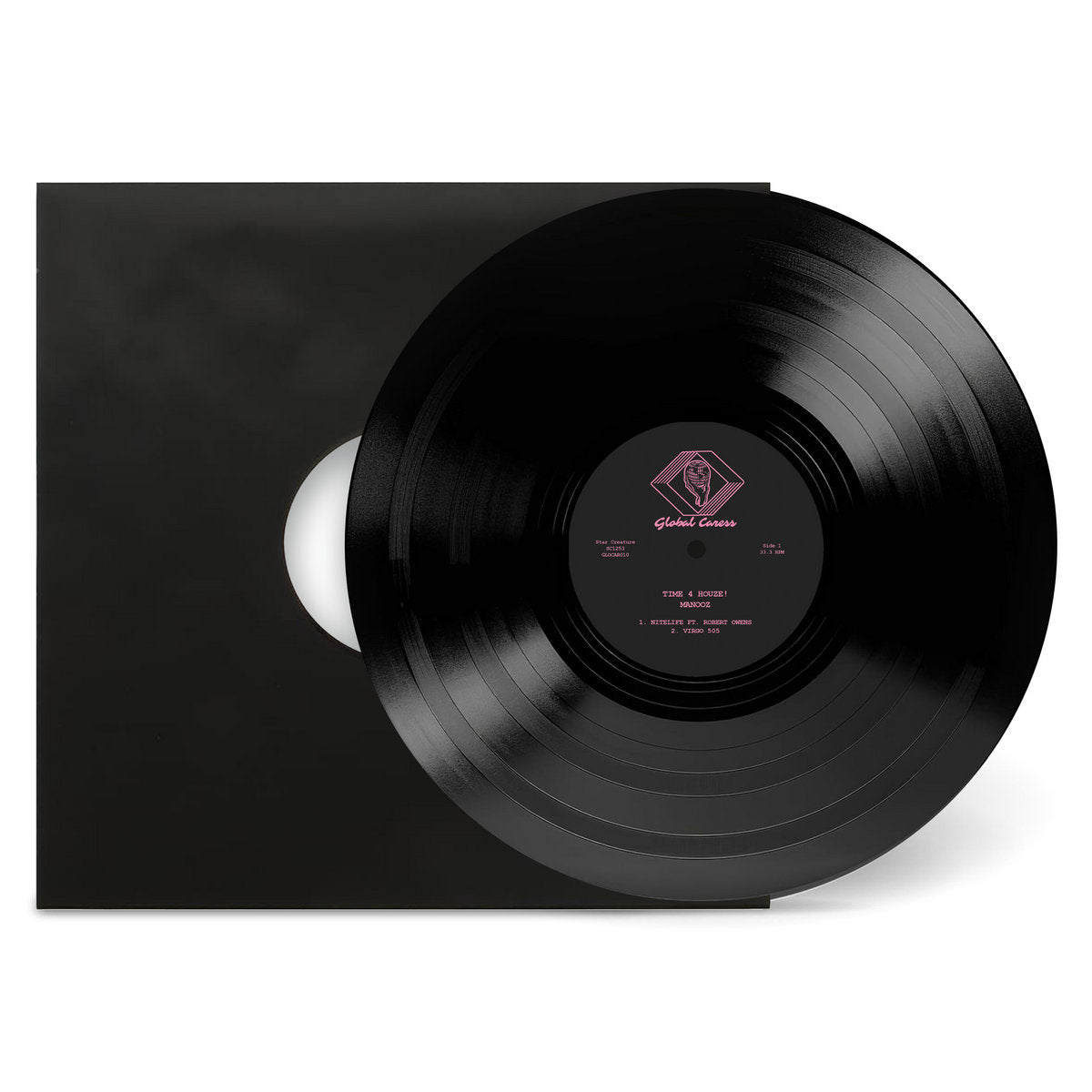 Vinilo ManooZ – Time 4 Houze! negro, parcialmente fuera de una funda negra, con etiqueta central en rosa.