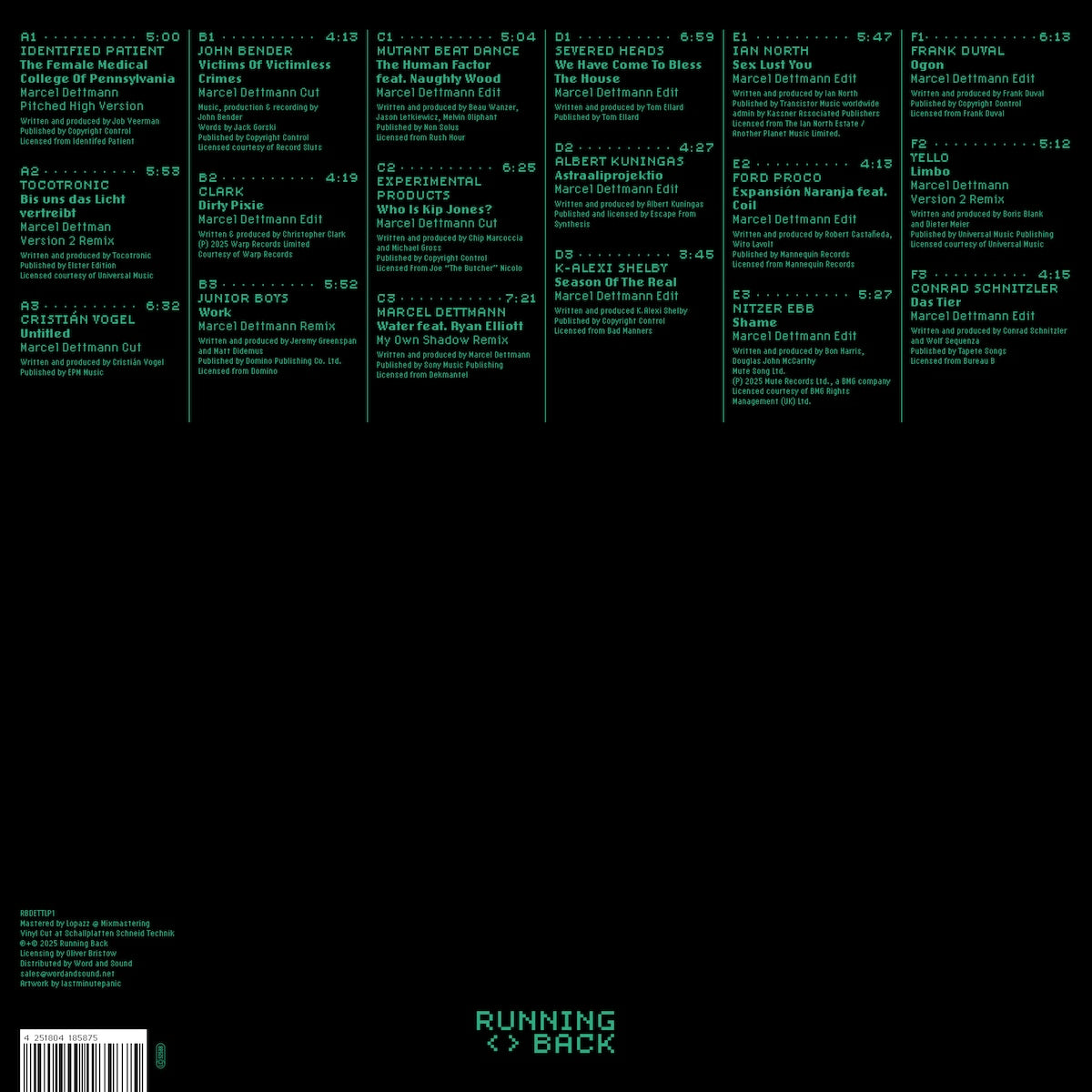 Contraportada del vinilo Marcel Dettmann – Running Back Mastermix: Marcel Dettmann Edits+Cuts mostrando listado de temas, créditos y sello Running Back en edición 3 x LP.