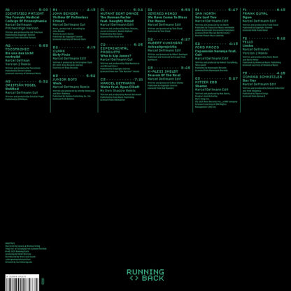 Contraportada del vinilo Marcel Dettmann – Running Back Mastermix: Marcel Dettmann Edits+Cuts mostrando listado de temas, créditos y sello Running Back en edición 3 x LP.