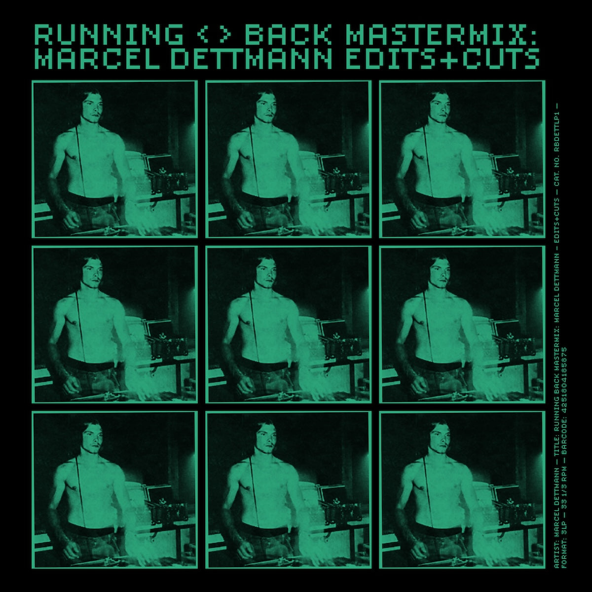 Portada en verde y negro del vinilo Marcel Dettmann – Running Back Mastermix: Marcel Dettmann Edits+Cuts con diseño retro pixelado y estética techno.