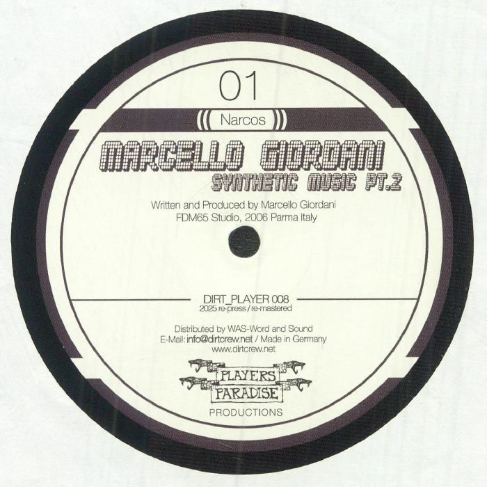 Imagen del lado A del vinilo de 12", con la pista “Narcos” y créditos de producción.