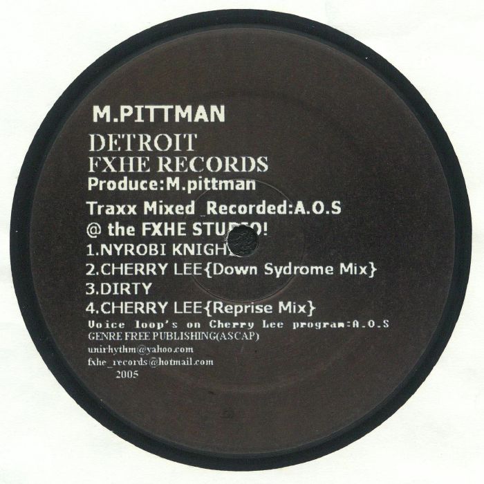 Etiqueta central lado A del vinilo Marcellus Pittman – EP #1 en FXHE Records, con listado de pistas, créditos y detalles de grabación.