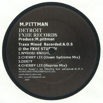 Etiqueta central lado A del vinilo Marcellus Pittman – EP #1 en FXHE Records, con listado de pistas, créditos y detalles de grabación.