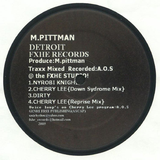 Etiqueta central lado A del vinilo Marcellus Pittman – EP #1 en FXHE Records, con listado de pistas, créditos y detalles de grabación.