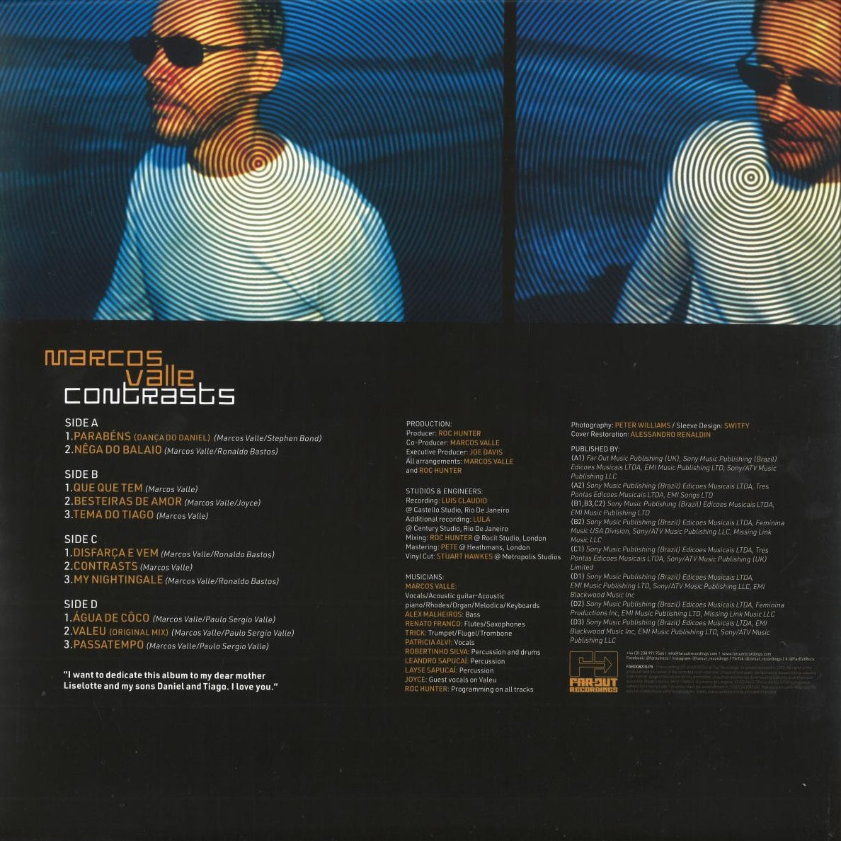 Contraportada del vinilo Marcos Valle – Contrasts en 12" LP Far Out Recordings, con créditos, lista de temas y retratos.