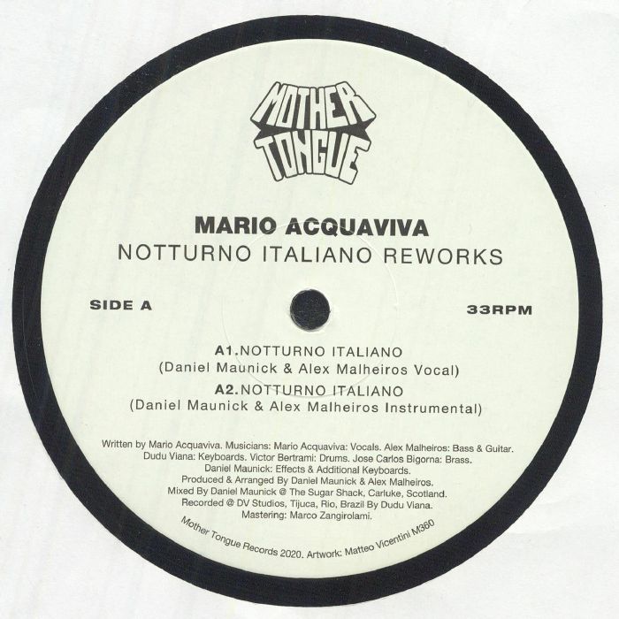 Etiqueta central lado A del vinilo 12" Mario Acquaviva – Notturno Italiano Reworks en Mother Tongue Records con pistas vocal e instrumental.