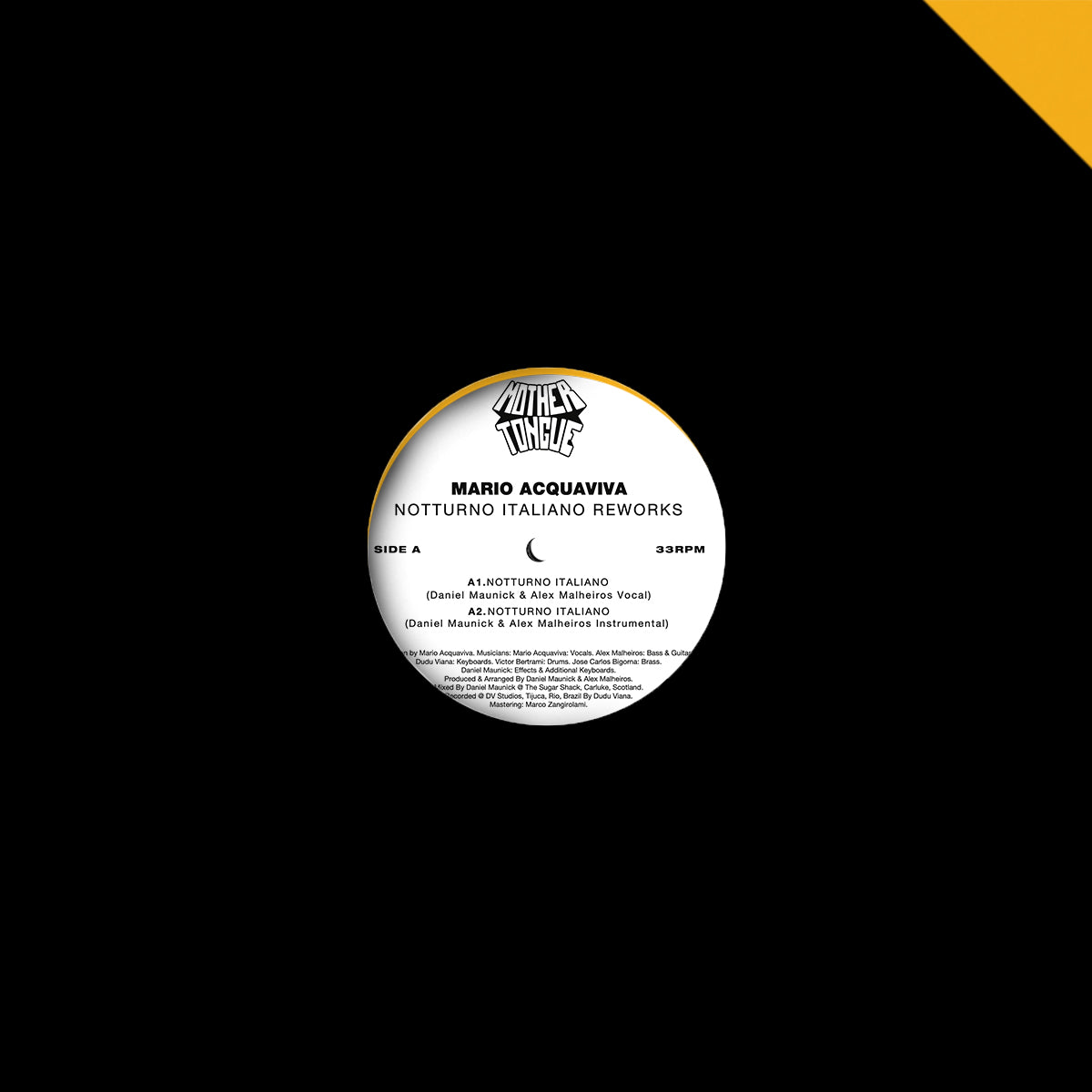 Portada del vinilo 12" Mario Acquaviva – Notturno Italiano Reworks en Mother Tongue Records con diseño minimalista en negro y detalles amarillos.