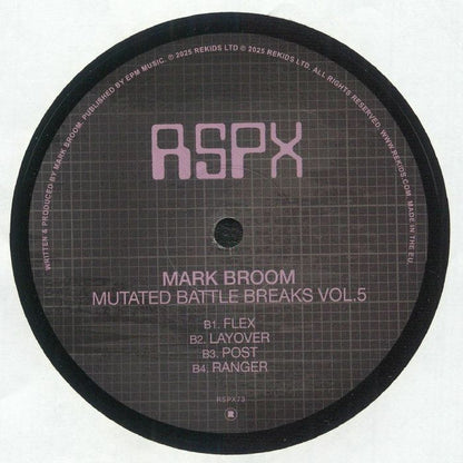 Portada trasera del vinilo "Mark Broom – Mutated Battle Breaks Vol. 5", publicado por Rekids Special Projects en 12". Lista de canciones y créditos en diseño oscuro con tipografía geométrica.
