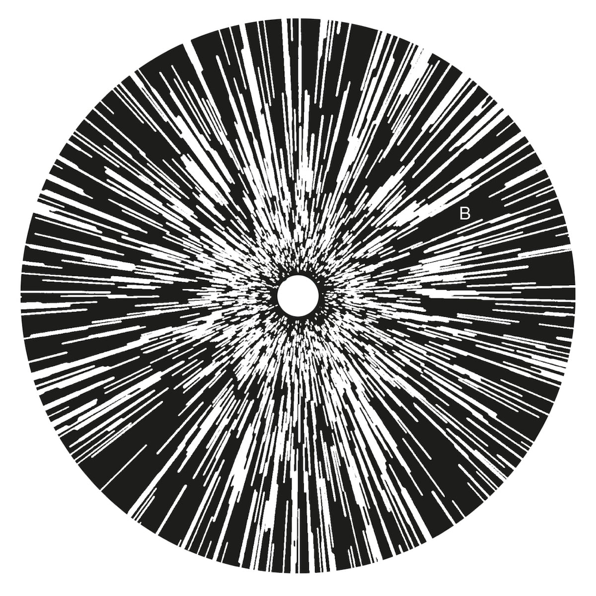 Etiqueta central lado B del vinilo Mark Grusane – HEAT04 en 12", diseño radial explosivo en blanco y negro con catálogo visible.