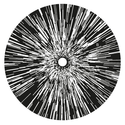 Etiqueta central lado B del vinilo Mark Grusane – HEAT04 en 12", diseño radial explosivo en blanco y negro con catálogo visible.
