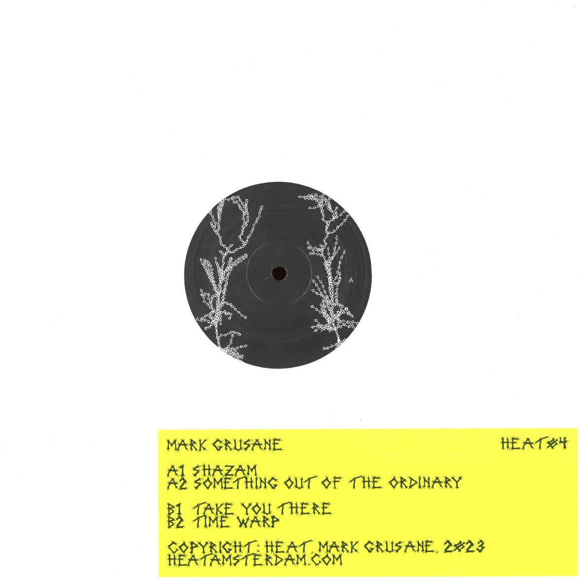 Portada del vinilo Mark Grusane – HEAT04 en 12", diseño minimalista con label negro y arte blanco.