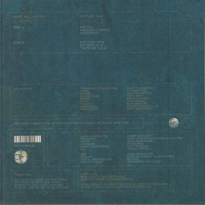 Portada trasera del vinilo con créditos, lista de canciones y detalles de grabación. Texto impreso: Picture This, Mark Millington, Albert's Favourites.