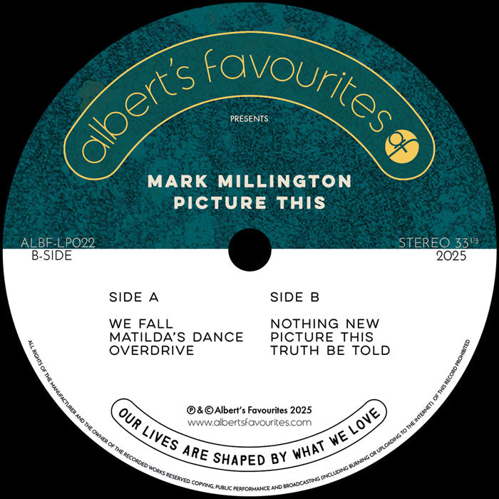 Etiqueta del vinilo, lado A, con los temas: We Fall, Matilda’s Dance y Overdrive. Texto impreso: Picture This, Mark Millington.