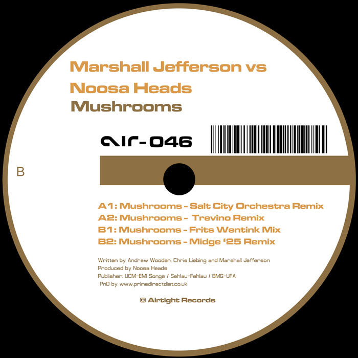 Etiqueta lado B del vinilo Marshall Jefferson vs Noosa Heads – Mushrooms (12", reedición Airtight), incluye remixes y créditos visibles con catálogo AIR-046.