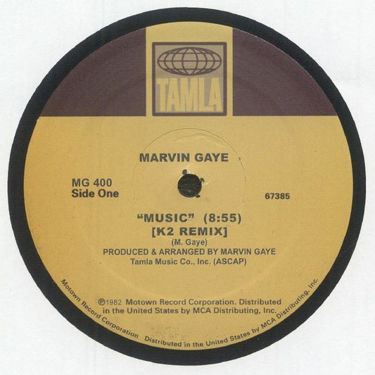 Vinilo Tamla con la etiqueta del Lado Uno de Marvin Gaye – Music K2 Remix, mostrando duración 8:55, créditos y catálogo MG 400.