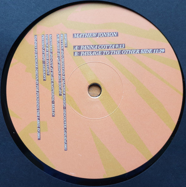 Portada del vinilo Mathew Jonson - "Panna Cotta / Passage To The Other Side" lanzado por Itiswhatitis Recordings en formato 12". Diseño con tonos naranjas y detalles en negro. Texto impreso: incluye el tracklist, créditos de producción y agradecimientos.