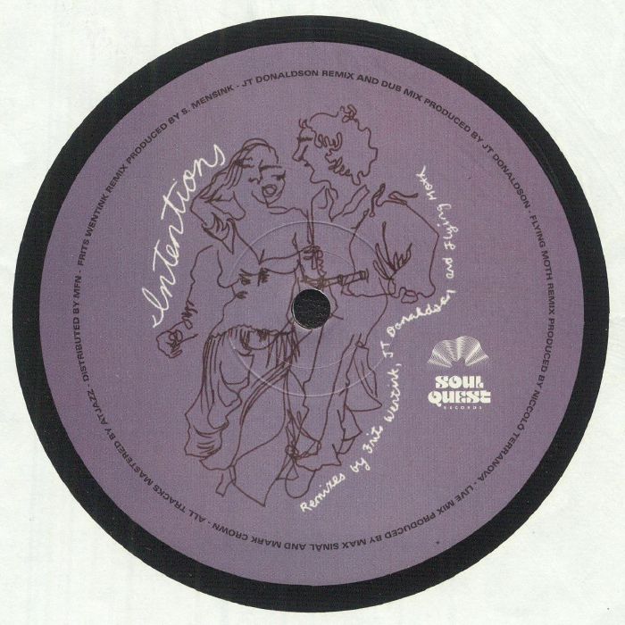 Etiqueta central lado A del vinilo 12" Max Sinàl x KingCrowney Feat. Liv East – Intentions (Remixes) en Soul Quest Records, con ilustración lineal y créditos de remixes.