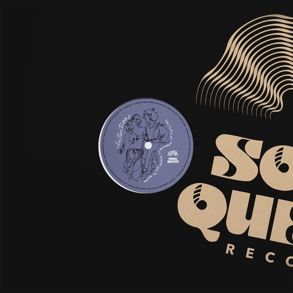 Portada del vinilo 12" Max Sinàl x KingCrowney Feat. Liv East – Intentions (Remixes) en Soul Quest Records, con diseño minimalista en negro y dorado.