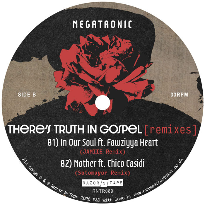 Lado B del vinilo Megatronic – There’s Truth In Gospel (Remixes), etiqueta con rosa roja, pistas y sello Razor-N-Tape.