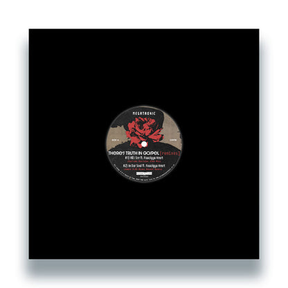 Portada del vinilo Megatronic – There’s Truth In Gospel (Remixes), funda negra con etiqueta central ilustrada.