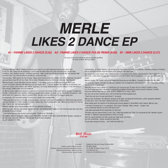 Contraportada del vinilo Merle – Likes 2 Dance EP 12" EP en Still Music, tracklist A1 A2 B1, créditos y texto sobre fondo en blanco y negro.
