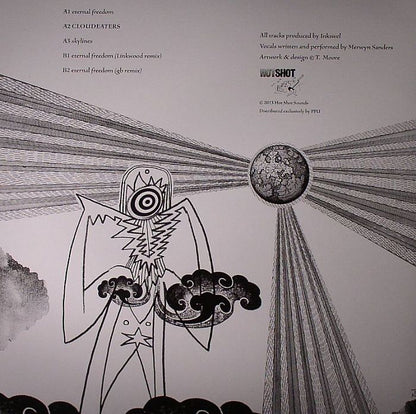 Contraportada del vinilo Cloud Eaters EP de Merwyn & Inkswel, edición 12" limitada en Inner Tribe Records. Contiene lista de canciones y créditos del disco.
