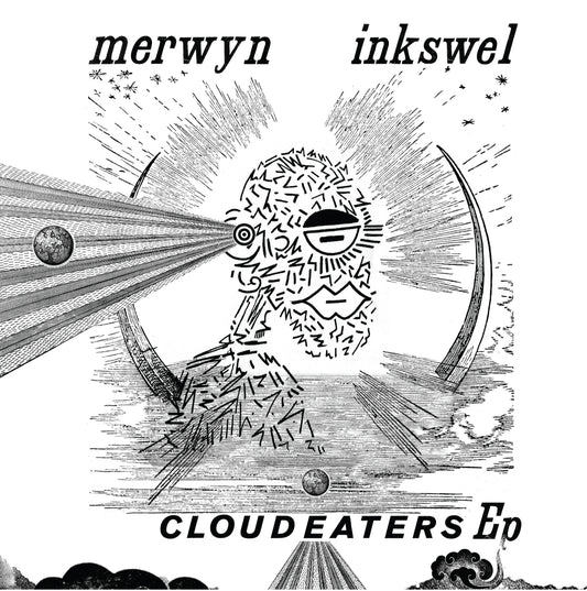 Portada del vinilo Cloud Eaters EP de Merwyn & Inkswel, lanzado por Inner Tribe Records en 12" limitado. Arte en blanco y negro con ilustración abstracta.
